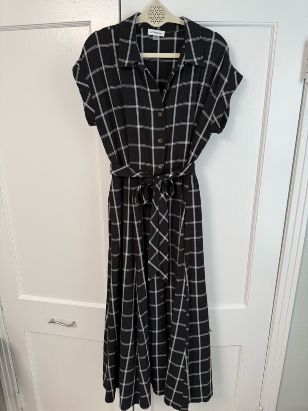 Calvin Klein Black and White Windowpane Maxi Shirt Dress